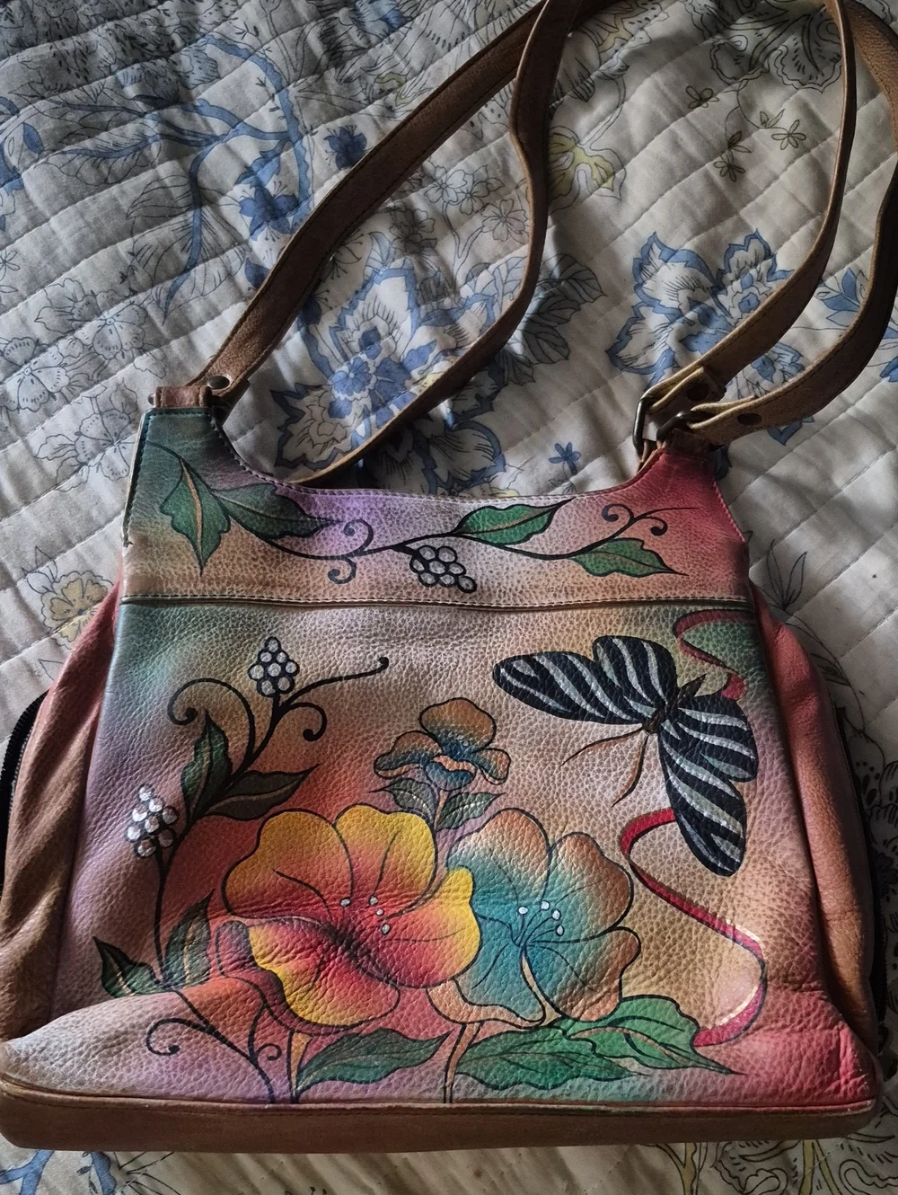 Anuschka Hand-Painted Floral Leather Shoulder Bag - Pink, Yellow, Green, Brown